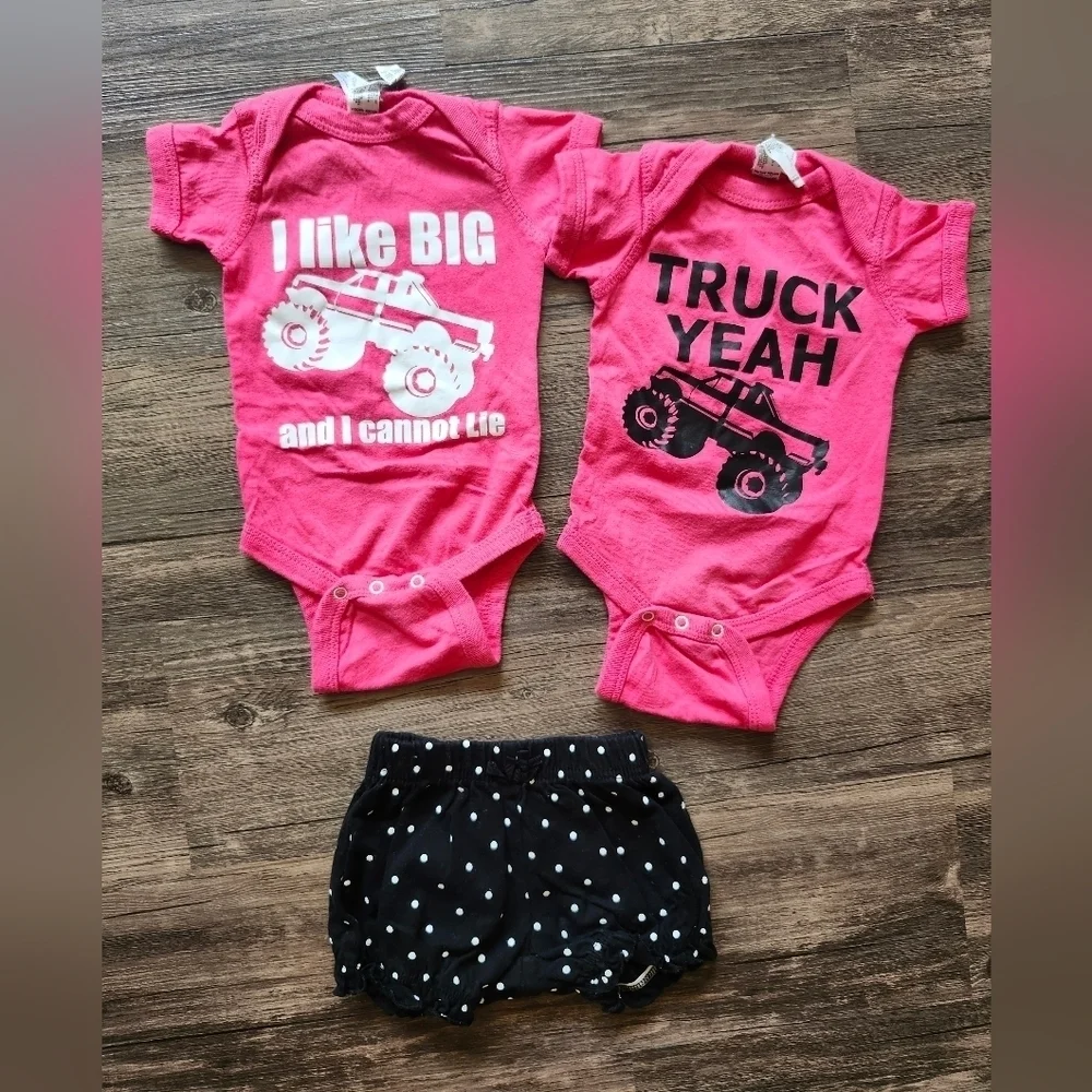 Hot Pink Monster Truck Graphic Bodysuit Bundle With Black Diaper Cover Shorts